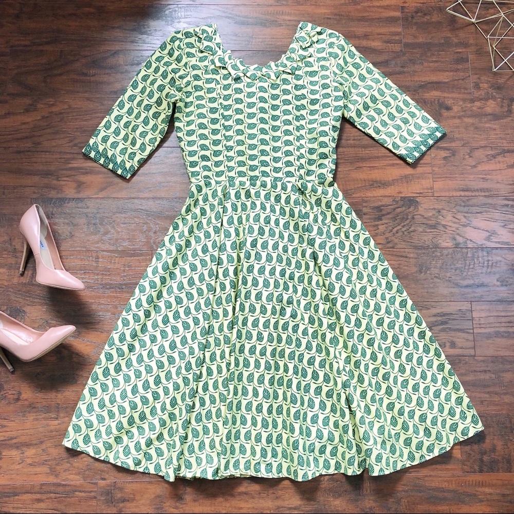 vintage • 60s fit & flare dress yellow green leaf vine print full skirt midi 70s